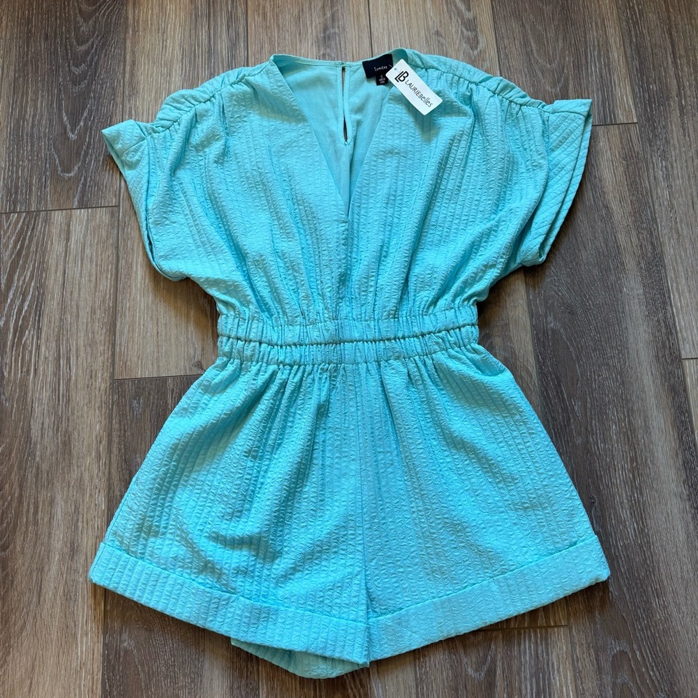 NWT Lauriebelles Aqua Shorts Romper V-Neck Womens SZ Small W/Pockets Preppy Y2K